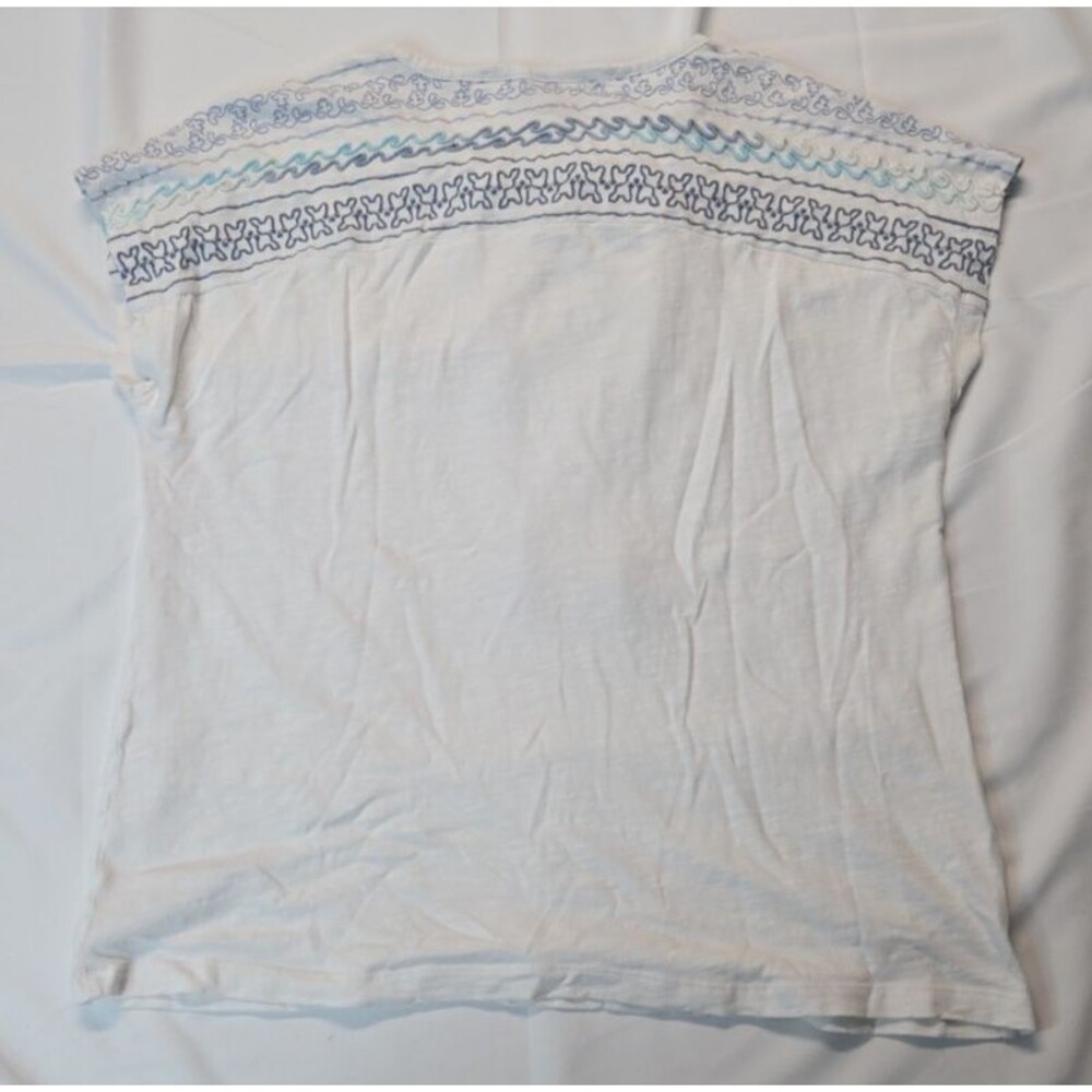 Chico's Peasant Blouse Womens Embroidered Top Size 1 White Blue Tie Neck Tassels - Picture 7 of 7